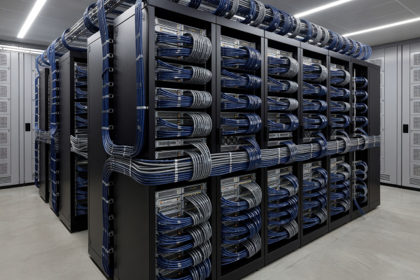 Cleanly organized high-speed network cabling connecting sovereign enterprise bare-metal servers in an air-gapped facility