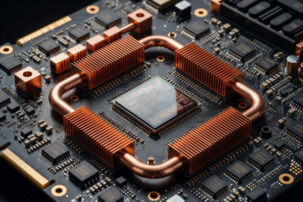 Close-up architecture of a high-performance GPU accelerator board with silicon die and copper cooling components