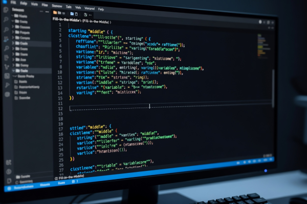 Computer screen running an IDE with syntax-highlighted source code buffer illustrating Fill-in-the-Middle programming workflows