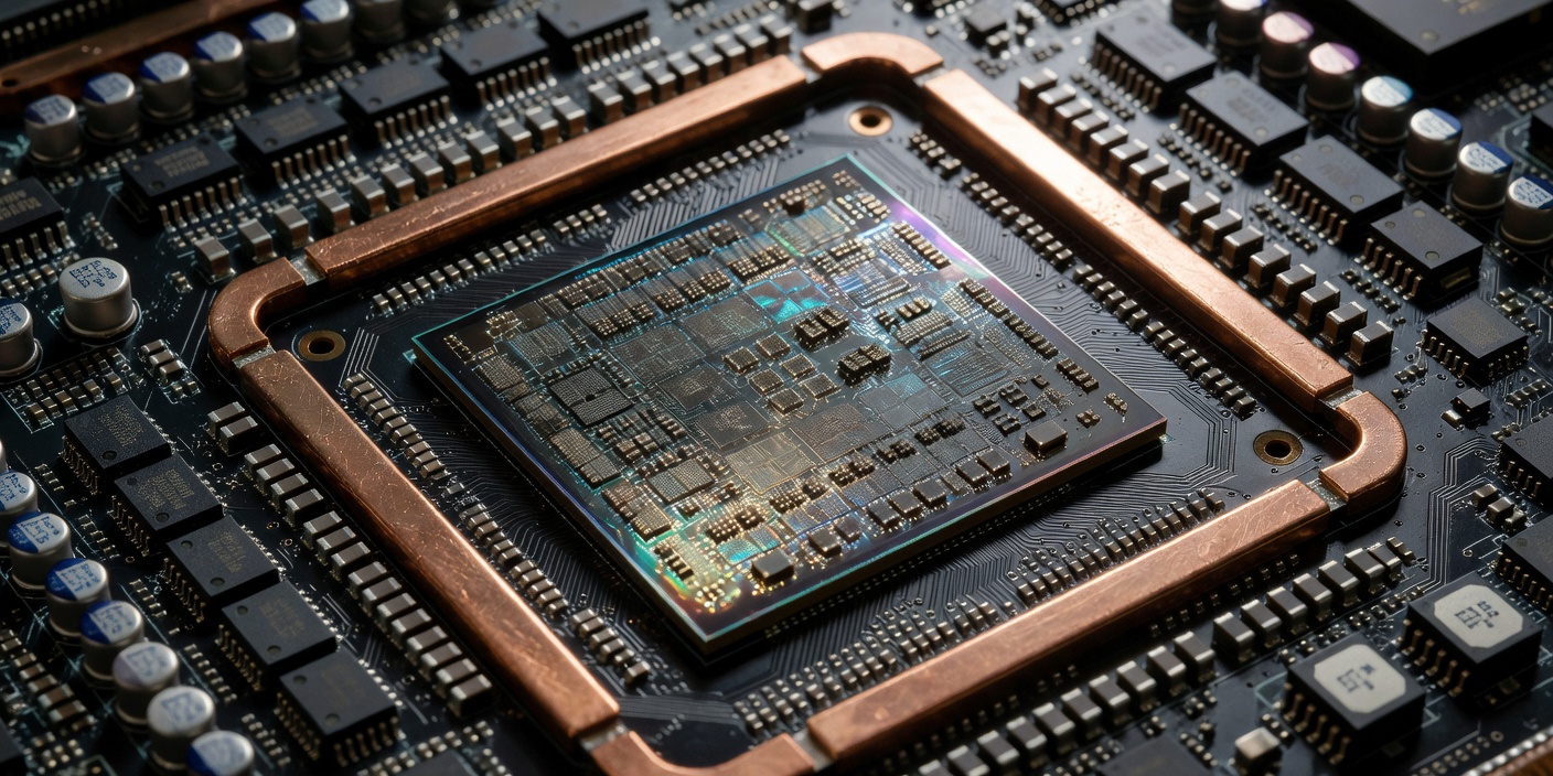 Detailed close-up of frontier AI GPU accelerator silicon die and power delivery stages for high-throughput enterprise reasoning