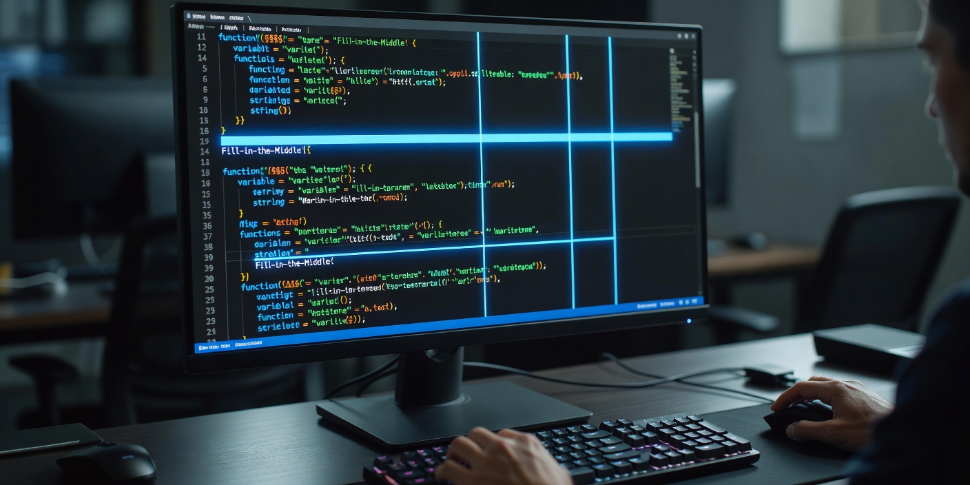 Developer workstation monitor displaying syntax-highlighted software code buffer with Fill-in-the-Middle token markers
