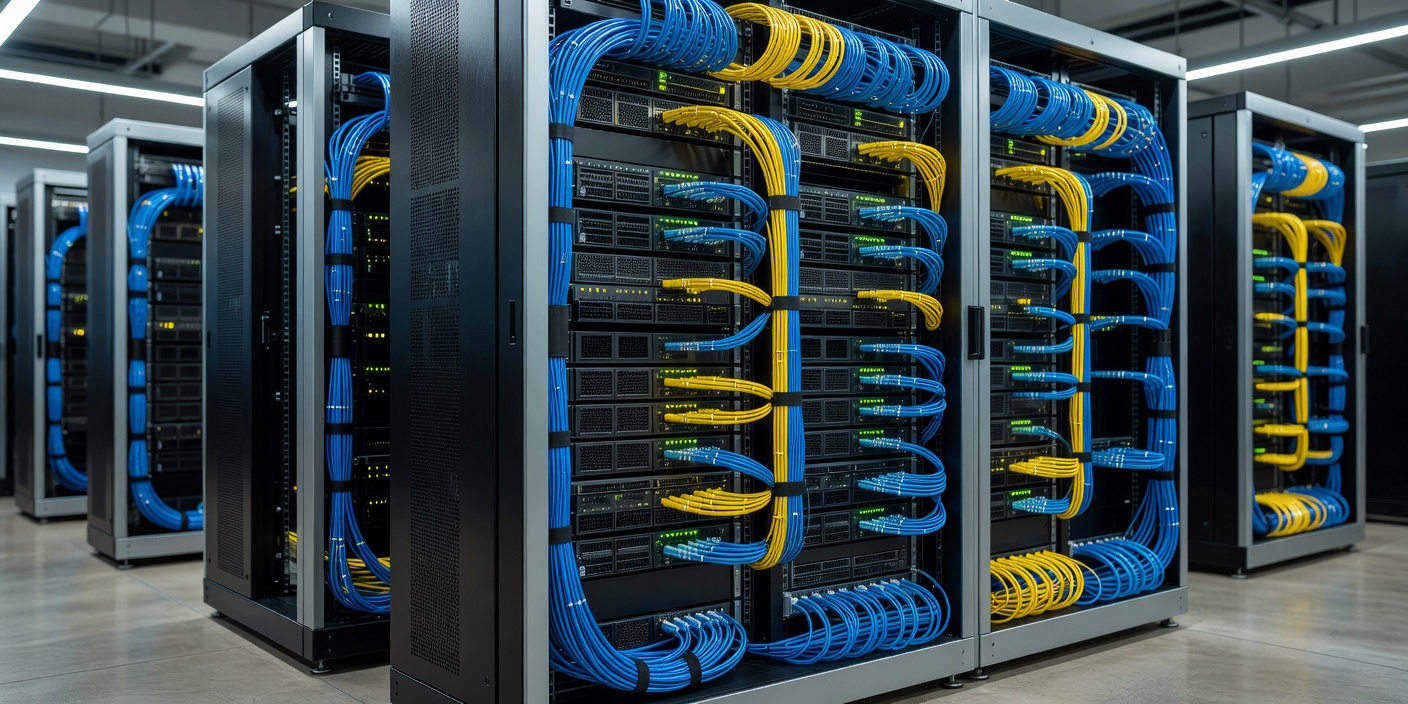 Enterprise datacenter rack showing structured fiber-optic cabling and bare-metal servers configured for private LLM inference