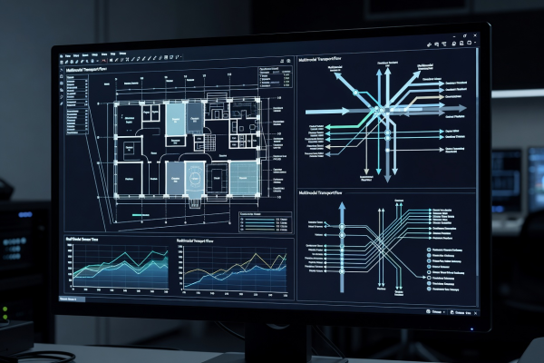 High-resolution technical monitor displaying architectural schematics, data charts, and vector diagrams for multimodal analysis