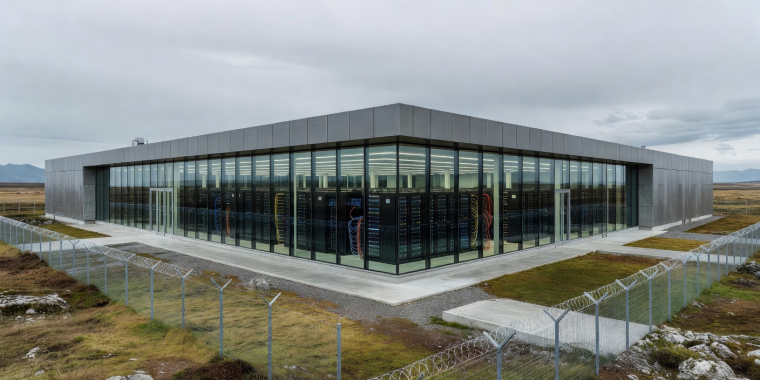Panoramic view of European sovereign datacenter compute facility housing high-density server racks for AI model training